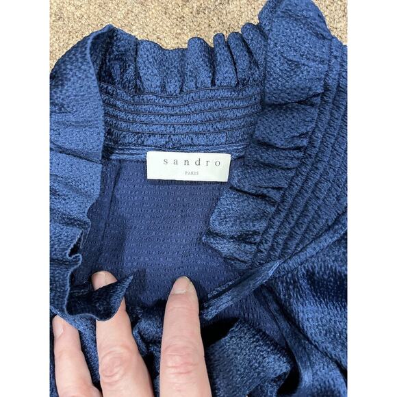 Sandro Paris V-Neck Blue Shift Dress Neck Tie Long Sleeve Sz 36/US Sm - Picture 4 of 12